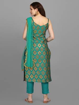 Women's Silk Blend Woven Design Kurta with Pant and Dupatta Set 2