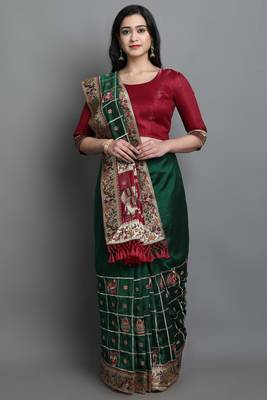 Green embroidered silk blend saree with blouse 1