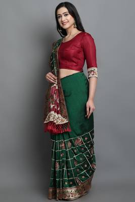 Green embroidered silk blend saree with blouse 2