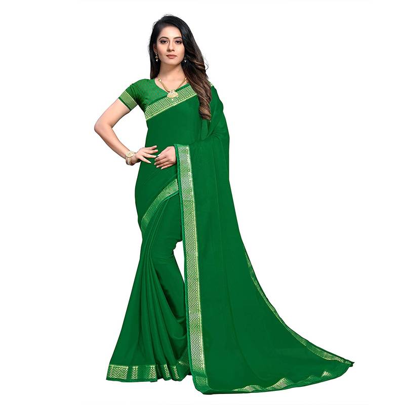 Green plain chiffon saree with blouse