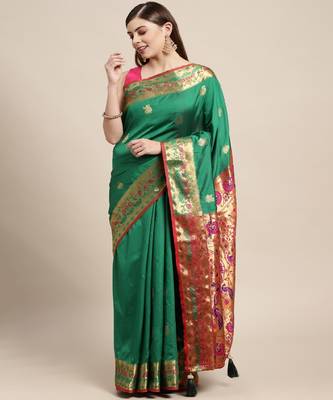 Riwazo Green Silk Woven Zari Work Traditional Tassle Saree 1