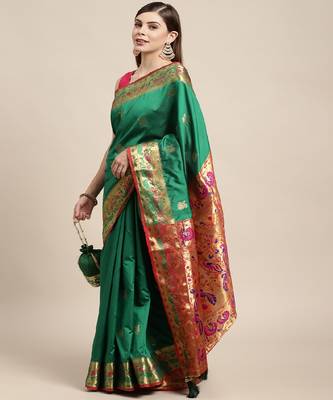 Riwazo Green Silk Woven Zari Work Traditional Tassle Saree 2