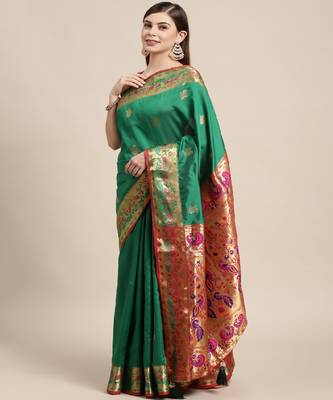 Riwazo Green Silk Woven Zari Work Traditional Tassle Saree 4