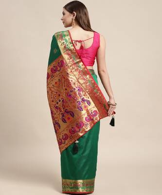 Riwazo Green Silk Woven Zari Work Traditional Tassle Saree 5
