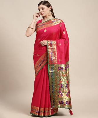 Riwazo Pink Silk Woven Zari Work Traditional Tassle Saree 1