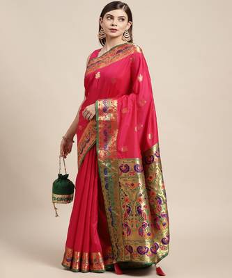 Riwazo Pink Silk Woven Zari Work Traditional Tassle Saree 2