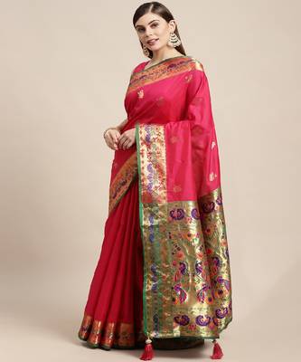 Riwazo Pink Silk Woven Zari Work Traditional Tassle Saree 4