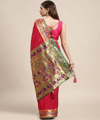 Riwazo Pink Silk Woven Zari Work Traditional Tassle Saree 5