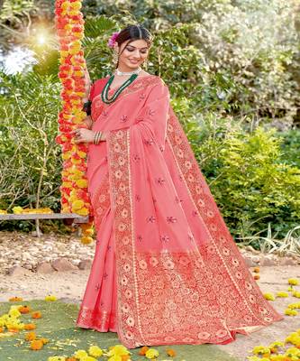 Riwazo Light Pink Cotton Woven Work Traditional Saree 1
