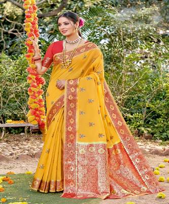 Riwazo Mustard Cotton Woven Work Traditional Saree 1