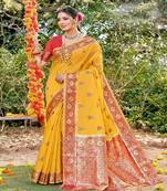 Riwazo Mustard Cotton Woven Work Traditional Saree