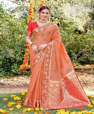 Riwazo Peach Cotton Woven Work Traditional Saree 1