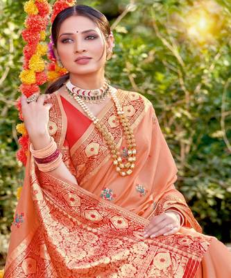 Riwazo Peach Cotton Woven Work Traditional Saree 2