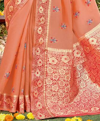 Riwazo Peach Cotton Woven Work Traditional Saree 3