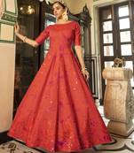 Gorgeous Orange Shibori Embroidered Cotton Anarkali Long Gown Semi Stitched