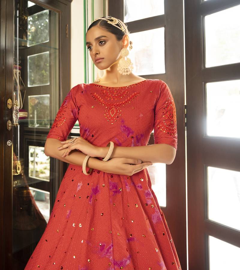 Gorgeous Orange Shibori Embroidered Cotton Anarkali Long Gown Semi Stitched