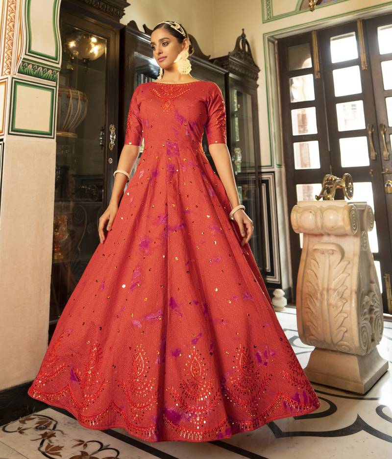 Gorgeous Orange Shibori Embroidered Cotton Anarkali Long Gown Semi Stitched