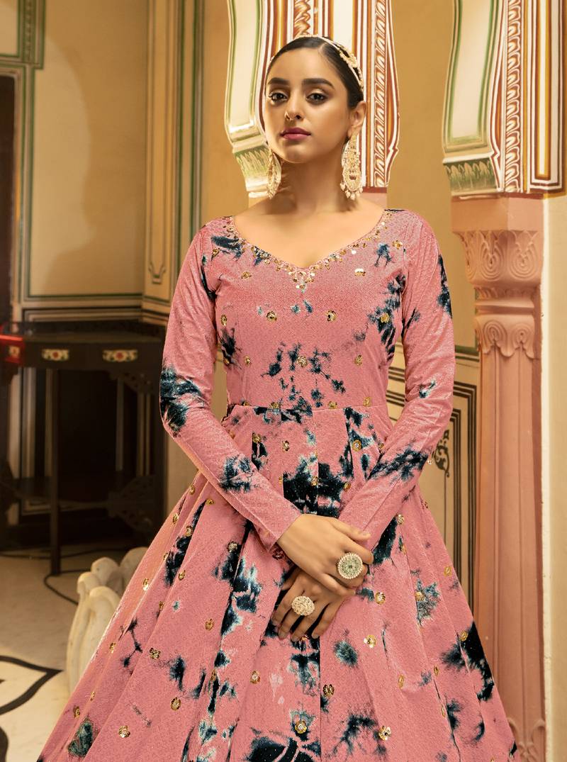 Provocative Peach Shibori Embroidered Cotton Anarkali Long Gown Semi Stitched