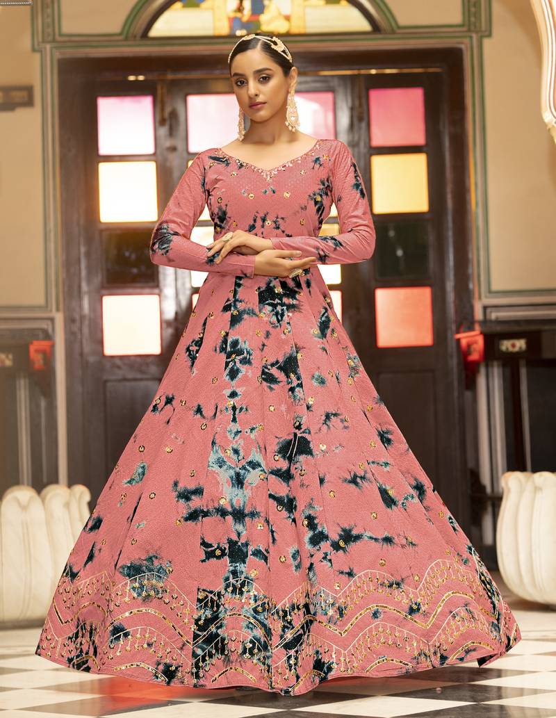 Provocative Peach Shibori Embroidered Cotton Anarkali Long Gown Semi Stitched