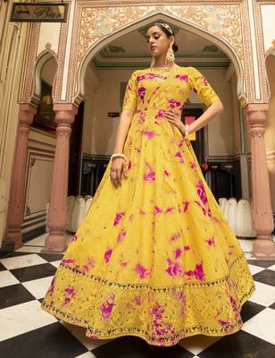 Enchasting  Yellow Shibori Embroidered Cotton Anarkali Long Gown Semi Stitched 1