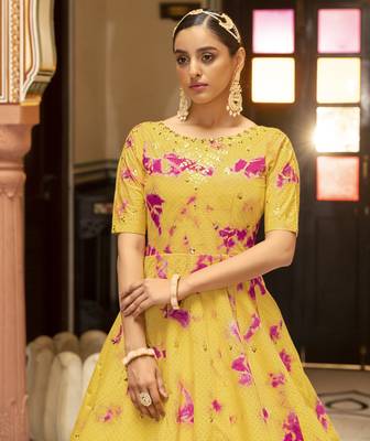 Enchasting  Yellow Shibori Embroidered Cotton Anarkali Long Gown Semi Stitched 2