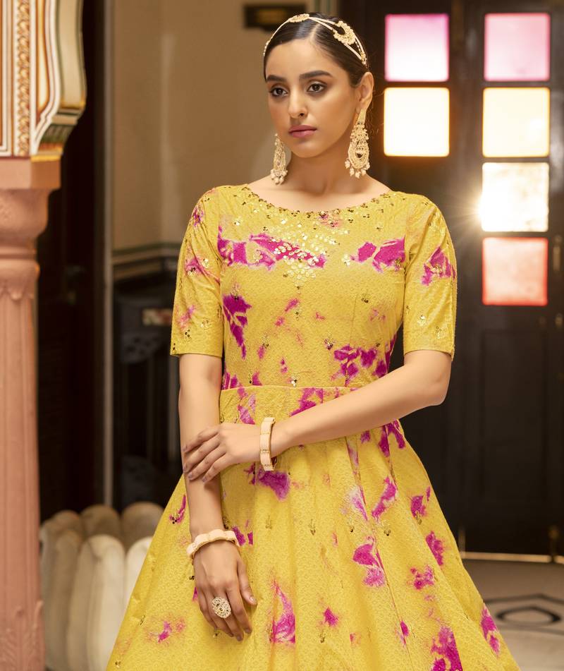 Enchasting  Yellow Shibori Embroidered Cotton Anarkali Long Gown Semi Stitched
