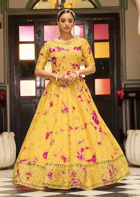 Enchasting  Yellow Shibori Embroidered Cotton Anarkali Long Gown Semi Stitched 3