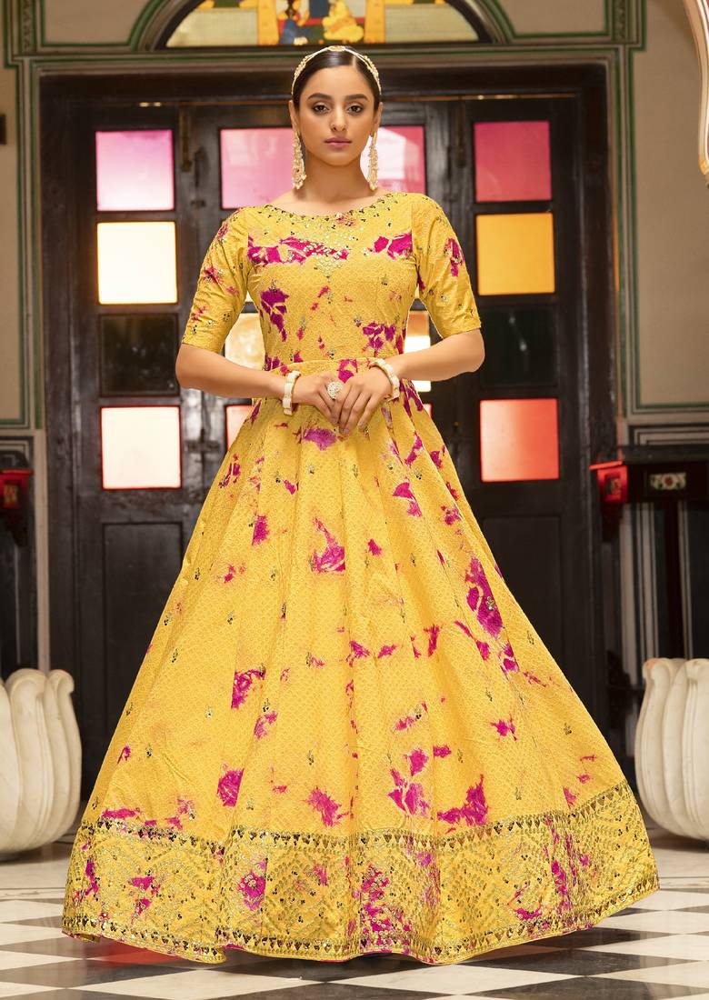 Enchasting  Yellow Shibori Embroidered Cotton Anarkali Long Gown Semi Stitched