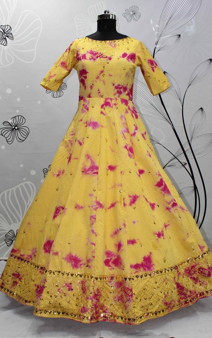 Enchasting  Yellow Shibori Embroidered Cotton Anarkali Long Gown Semi Stitched