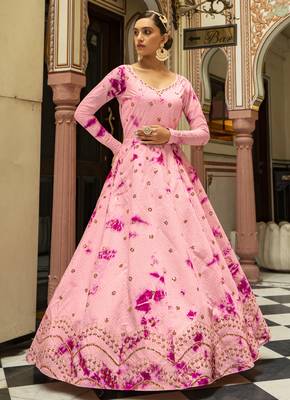 Eye Catching Pink Shibori Embroidered Cotton Anarkali Long Gown Semi Stitched 1