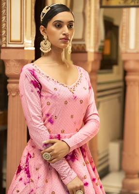 Eye Catching Pink Shibori Embroidered Cotton Anarkali Long Gown Semi Stitched 2