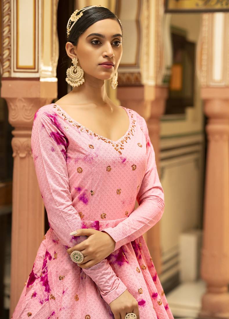 Eye Catching Pink Shibori Embroidered Cotton Anarkali Long Gown Semi Stitched