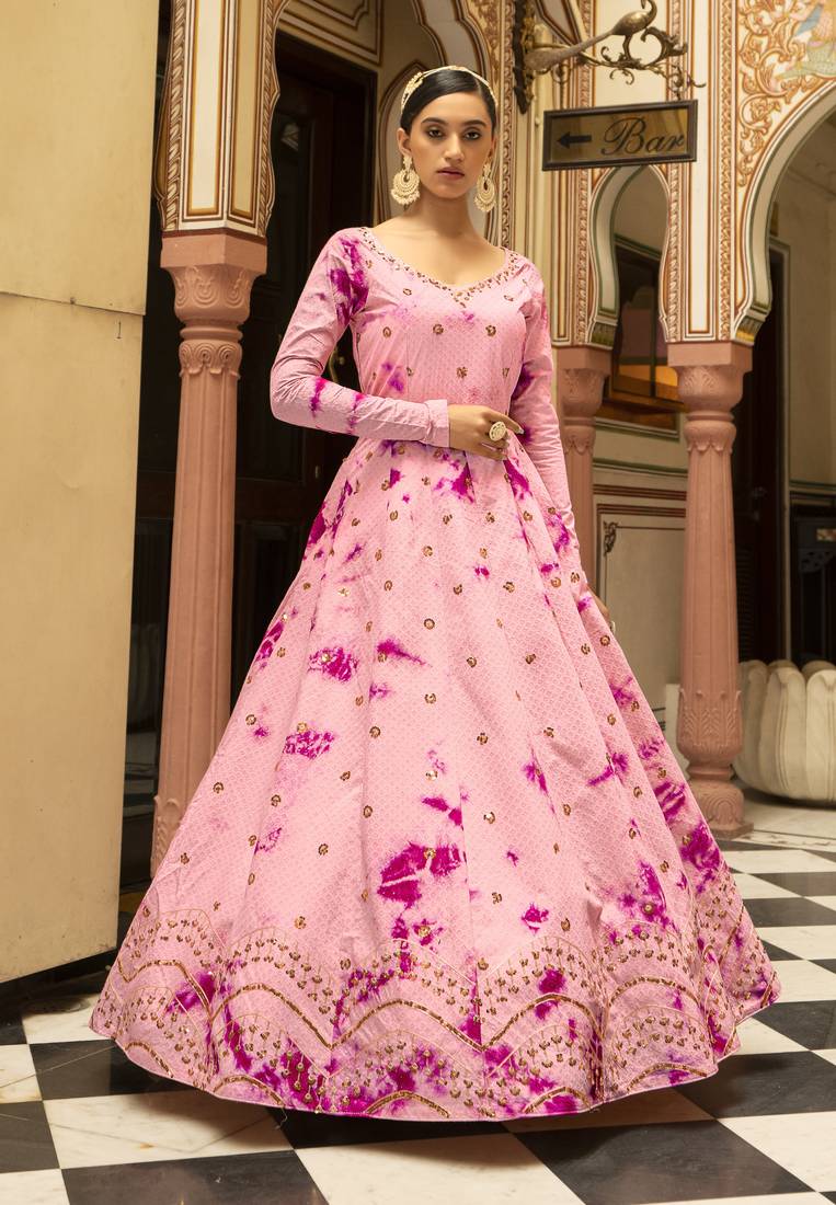 Eye Catching Pink Shibori Embroidered Cotton Anarkali Long Gown Semi Stitched