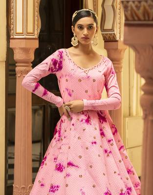 Eye Catching Pink Shibori Embroidered Cotton Anarkali Long Gown Semi Stitched 4