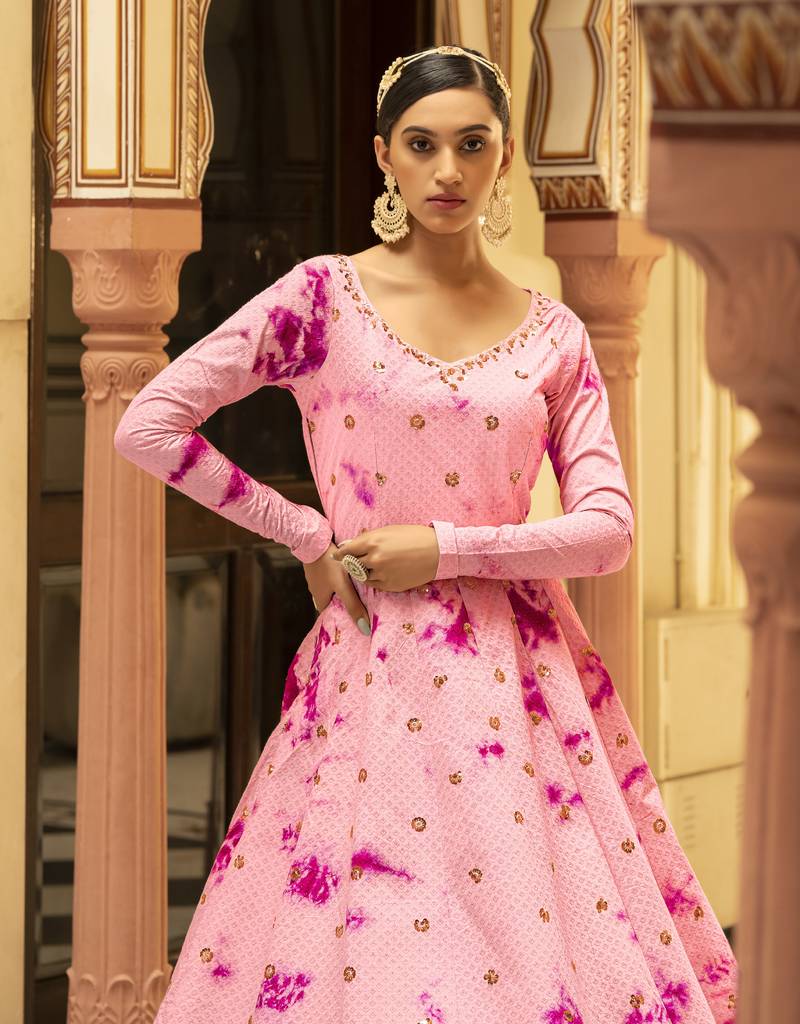 Eye Catching Pink Shibori Embroidered Cotton Anarkali Long Gown Semi Stitched