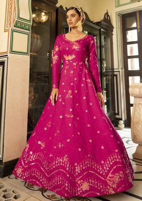 Figurative Rani Pink Shibori Embroidered Cotton Anarkali Long Gown Semi Stitched 1