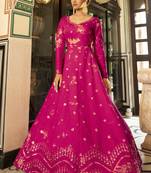 Figurative Rani Pink Shibori Embroidered Cotton Anarkali Long Gown Semi Stitched