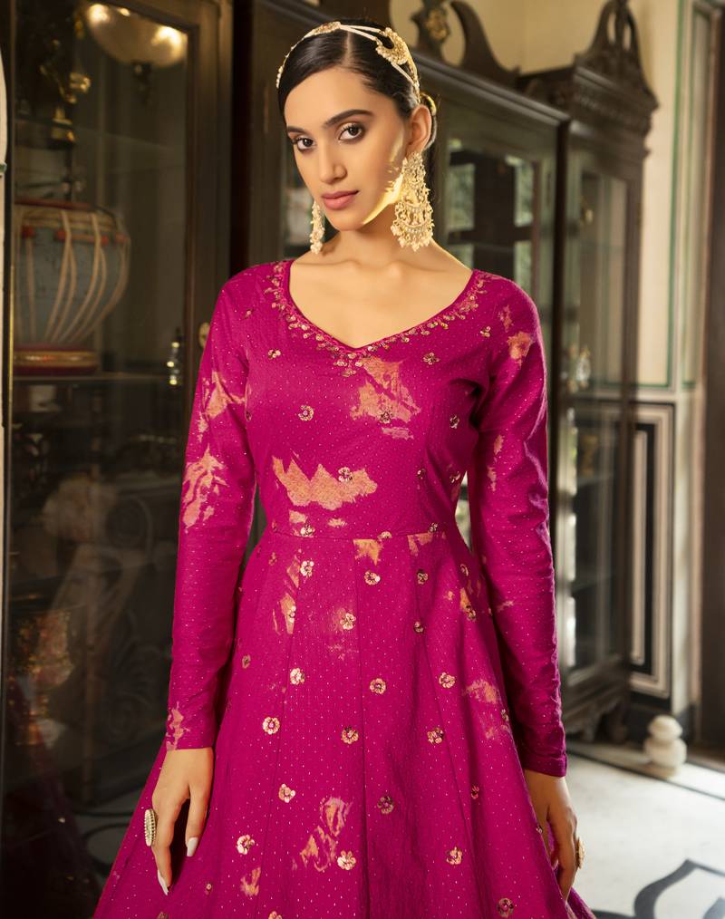 Figurative Rani Pink Shibori Embroidered Cotton Anarkali Long Gown Semi Stitched