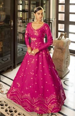 Figurative Rani Pink Shibori Embroidered Cotton Anarkali Long Gown Semi Stitched 3