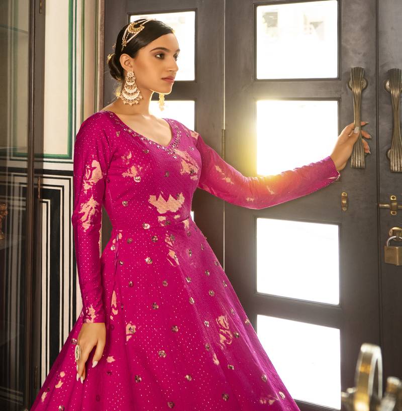 Figurative Rani Pink Shibori Embroidered Cotton Anarkali Long Gown Semi Stitched