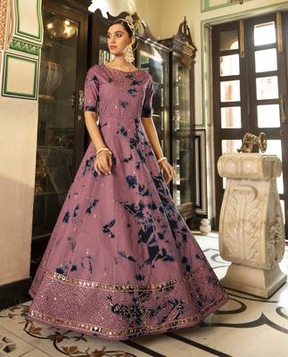 Elegant Dusty Wine Shibori Embroidered Cotton Anarkali Long Gown Semi Stitched 1