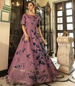 Elegant Dusty Wine Shibori Embroidered Cotton Anarkali Long Gown Semi Stitched
