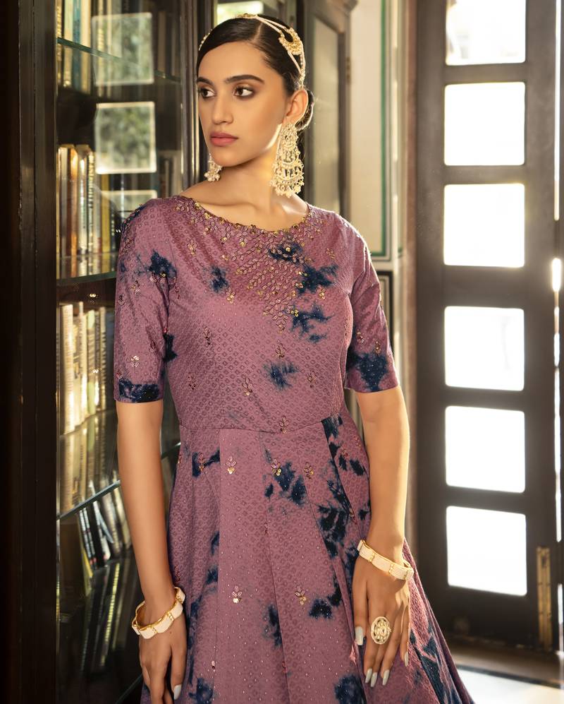 Elegant Dusty Wine Shibori Embroidered Cotton Anarkali Long Gown Semi Stitched