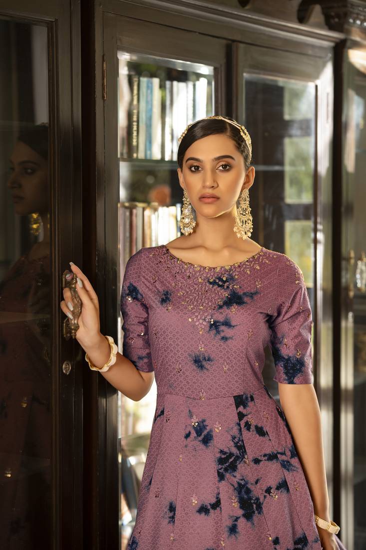 Elegant Dusty Wine Shibori Embroidered Cotton Anarkali Long Gown Semi Stitched