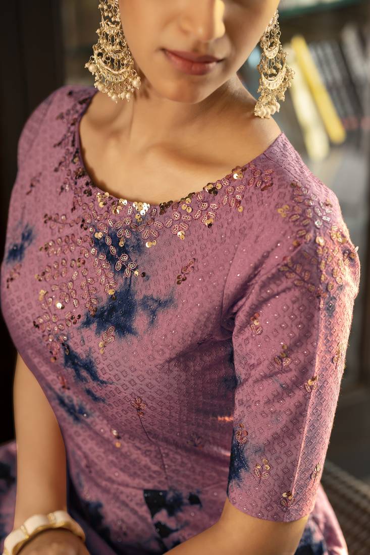 Elegant Dusty Wine Shibori Embroidered Cotton Anarkali Long Gown Semi Stitched