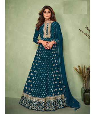 Peacock Blue embroidery georget semi stitch anarkali gowns 1