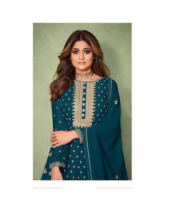 Peacock Blue embroidery georget semi stitch anarkali gowns 2