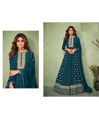 Peacock Blue embroidery georget semi stitch anarkali gowns 3