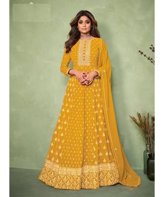 Yellow embroidery georget semi stitch anarkali gowns 1