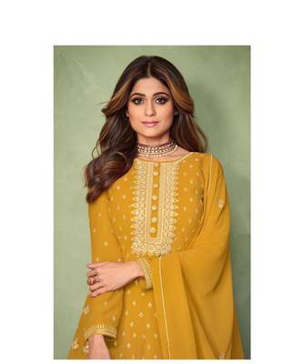 Yellow embroidery georget semi stitch anarkali gowns 2
